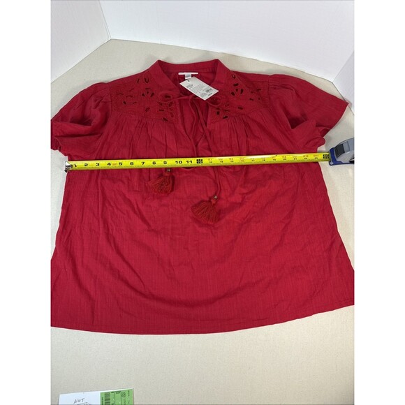 Knox Rose Red Eyelet Boho Tassel Blouse Size Large Flutter Short Sleeve - Picture 5 of 11